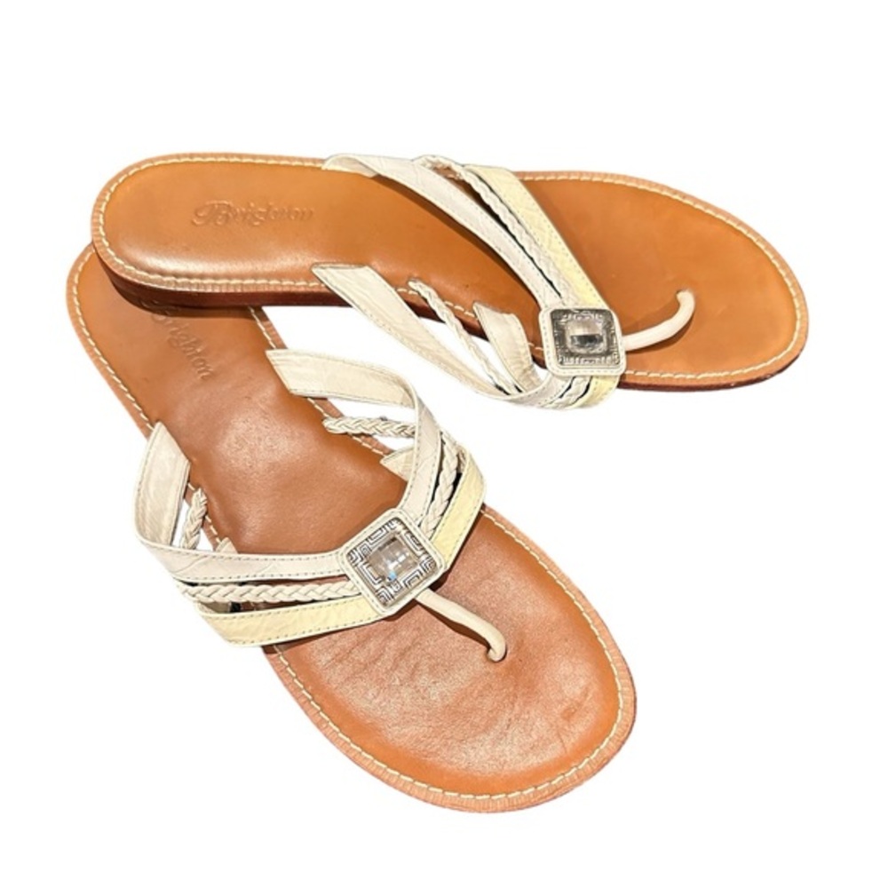 BRIGHTON OCTAVE LEATHER WHITE IVORY JEWELED TOE POST SANDALS 8.5